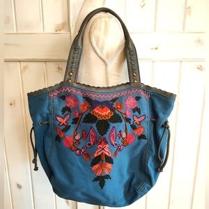 Lucky Brand Blue Embroidered Floral Canvas Bag with Leather Trim